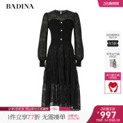 芭蒂娜法式黑色蕾丝羊毛，连衣裙优雅显瘦蕾丝珠片长袖过膝长小黑裙
