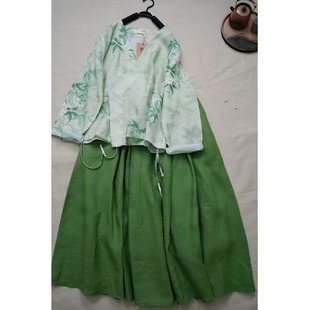 新中式国风改良宋制汉服，汉元素绿色衬衫，上衣搭配亚麻半身裙两件套