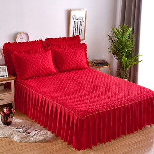结婚庆大红床裙三件套纯色单件夹棉床罩加厚床单1.5米1.8m2m