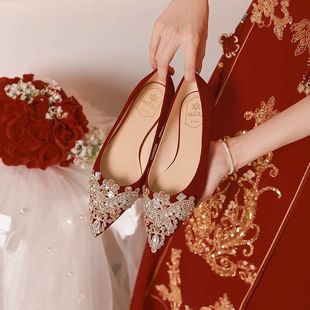 红色平底婚鞋新娘鞋禾秀婚纱，两穿不累脚高级感小众，订婚鞋子女孕妇