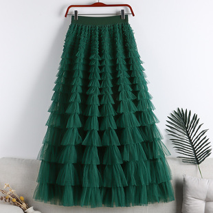 韩国墨绿色网纱拼接蛋糕，裙女夏季a字群中长款显瘦显高半身裙