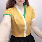 2024夏季短袖t恤上衣女，拼色v领纯棉，小衫时尚大码女装休闲减龄宽松