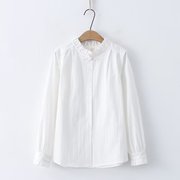 烟花易冷春复古汉服盘扣，文艺花边立领白色衬衫，女气质纯棉衬衣