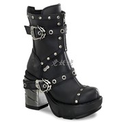 美国Demonia8.9cm黑色皮革镀铬鞋跟短筒靴皮带扣铆钉装饰厚底女靴