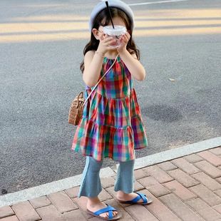 儿童沙滩裙2024夏款韩版女童格子吊带裙，彩色格子背心裙子洋气
