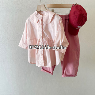 m2mkids2024春季韩版裸粉蝙蝠，袖中袖纯色裸粉娃娃领衬衫