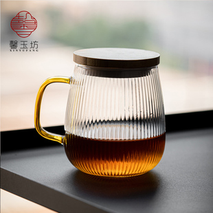 日式条纹玻璃水杯带盖勺子耐热花茶牛奶咖啡杯，泡茶杯啤酒杯果汁杯