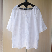 韩版简约小衫v领单排扣五分袖白色衬衫宽松薄款棉质上衣女显瘦夏