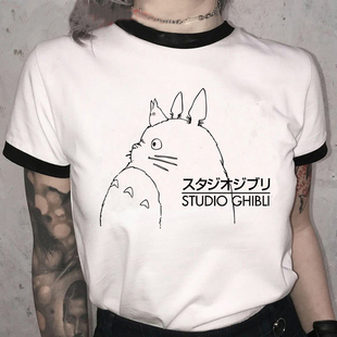 Totoro Ringer Tshirt 日系动漫龙猫印花休闲女士百搭短袖T恤撞边