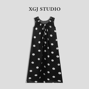 小冠军定制黑色波点背心连衣裙设计感韩版气质裙子51232LL020