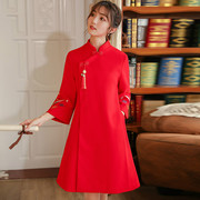 秋冬中国风唐装改良红色，毛呢加厚中长款旗袍，连衣裙女民国汉服外套