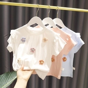 女童夏装纯棉T恤2023宝宝洋气花边短袖小女孩半袖婴儿童上衣