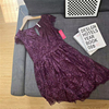 外贸女装夏季紫色蕾丝镂空工艺v领中长款连衣裙后背开叉时尚a字裙