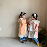 女童中长款风衣外套春季童装，儿童外套韩版蕾丝，娃娃领宝宝上衣