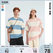 小花人系列bosie夏季圆领短袖T恤男情侣撞色条纹字母体恤