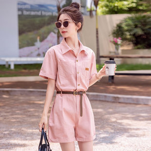 上市中腰棉布主推夏季粉色，工装连体短裤送腰带
