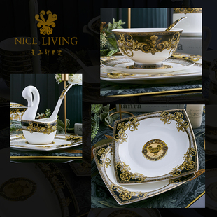 碗套装高档骨瓷餐具轻奢家用盘碟组合60件欧式宫廷，瓷器西式碗盘碟