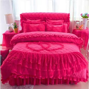 婚庆大红色公主风床单，四件套加厚夹棉床裙蕾丝，花边床罩被套4件套