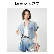 IAmMIX27春夏短袖牛仔外套女短款修身全棉水洗毛边做旧牛仔上衣女