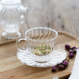 欧式耐高温玻璃杯碟花茶杯下午茶杯创意轻奢透明耐热玻璃咖啡杯碟