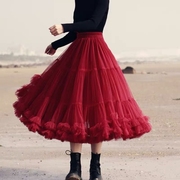 红色蛋糕裙纱裙女网纱半身裙秋中长款显瘦拼接百褶裙a字蓬蓬长裙
