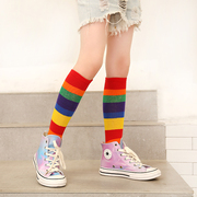 女童长筒袜子春秋季彩色韩版条纹，儿童堆堆袜彩虹，袜宝宝中筒过膝袜