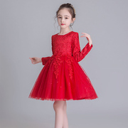 女童礼服裙子六一儿童连衣裙长袖春秋季服花童红色公主裙表演出服