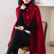 斗篷毛呢外套女2023秋冬季韩系单排扣小个子简约红色呢子大衣