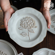 陶瓷盘子 ins创意复古花朵餐盘中古浮雕花卉点心盘牛肉盘意面盘