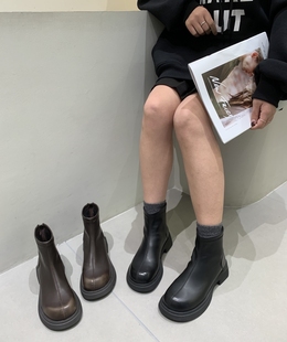 韩版短靴复古擦色皮靴子2023时尚大头靴方跟马靴弹力瘦腿靴工装靴