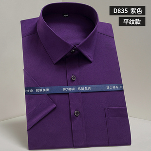 夏季紫色短袖衬衫男商务休闲职业白衬衣男纯色弹力款免烫半袖寸杉