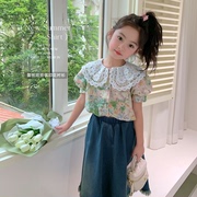 蓝小爸女童衬衫2023夏季儿童韩版洋气娃娃衫宝宝蕾丝花边上衣
