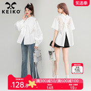 keiko刺绣蝴蝶花露背短袖衬衫女夏季甜酷小众设计白色泡泡袖上衣