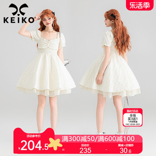 keiko纯欲浮雕小碎花，白色连衣裙24夏季法式甜妹收腰公主裙小白裙