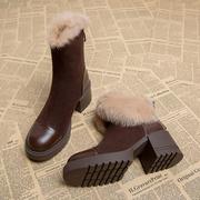 GG。2024高跟雪地靴女冬季棉鞋加绒加厚粗跟马丁靴保暖冬靴