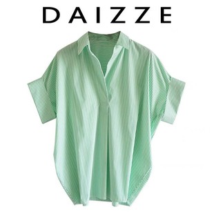 DAIZZE~2023夏季绿条纹蝙蝠袖卷边压褶V领短袖宽松衬衫女衬衣