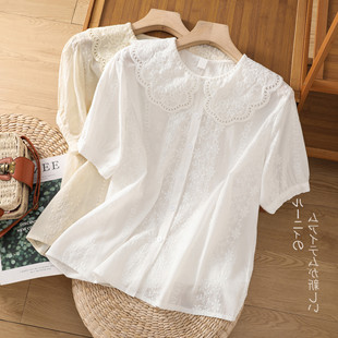 2023夏季娃娃领镂空刺绣，白色衬衫女短袖衬衣，宽松减龄遮肚上衣
