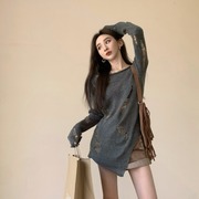 NUBIA GIRL罩衫女秋季慵懒风外搭镂空灰色毛衣设计感小众针织衫
