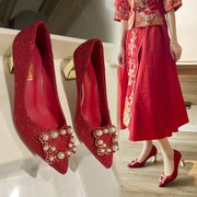 秀禾服婚鞋女法式细跟高跟鞋，2023中式红色婚纱新娘结婚鞋粗跟