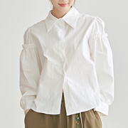 韩版纯棉衬衫女春装设计感小众，时尚宽松百搭荷叶，边拼接泡泡袖上衣