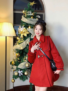 圣诞新年衣服大红色连衣裙大衣女冬季过年战袍双面羊绒毛呢子外套