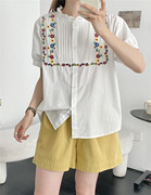 梦箱子2024夏花朵(夏花朵，)刺绣风琴褶棉布，衬衣木耳立领短袖宽松白衬衫