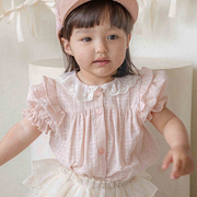 hibye韩国进口童装夏女小童，婴儿碎花蕾丝翻领泡短袖娃娃衬衫