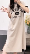 纯棉t恤裙女2023年韩版休闲大码字母，印花短袖长裙时尚开叉连衣裙
