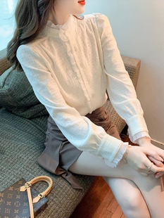 白衬衫女2024春秋设计感长袖雪纺宽松显瘦内搭半高领打底上衣
