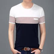 男士短袖t恤韩版夏季男式拼接圆领青年男装休闲时尚条纹上衣