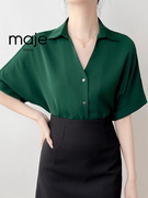 高端定制绿色短袖雪纺衬衫女夏季设计感小众宽松职业装V领上衣