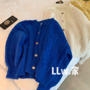 克莱因蓝色开衫毛衣外套女2022春季小个子短款宽松复古针织衫