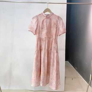 香系新中式改良旗袍连衣裙，高级感立领盘扣收腰显瘦中长粉色sph038