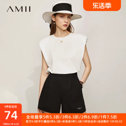 Amii2024夏简洁复古圆领垫肩T恤女宽松冰瓷棉弹力纯色上衣